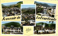 CPA La Bourboule souvenir ponts église casino jet d'eau