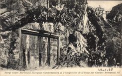CPA Saorge Alpes Maritimes inscription Commemorative de l'inauguration de la Route par Charles Emman