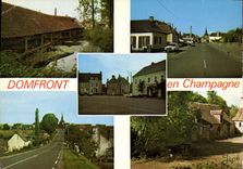 CPSM Domfront en Champagne Sarthe Place de l'Eglise les sources route de sille moulin de la cochere 