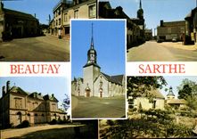 CPSM Beaufay Sarthe L'Eglise le centre du Bourg chateau du Chesnay rue principale 