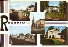 CPSM Ruaudin Sarthe L'Eglise Rue principale station service la Monerie