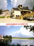 CPSM Chateauneuf la Foret (Haute Vienne) en haut la mairie et l'eglise en bas le lac
