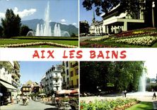 CPSM Aix les Bains Savoie le Jet d'eau et la Dent du Chat l'Etablissement Theraml Mabillaud Architec