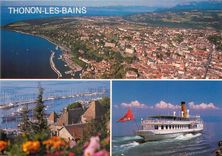 CPSM Thonon les Bains (Haute Savoie France) Vue aerienne Le Port Le bateau la Suisse