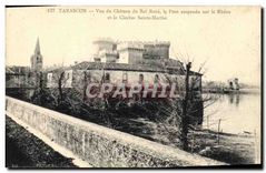 CPA Tarascon Vue du Chateau du Roi Rene le Pont suspendu sur le Rhone et le Clocher Sainte Marthe 