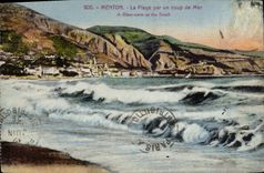 CPA Menton La Plage par un coup de Mer 