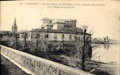 CPA Tarascon Vue du Chateau du Roi Rene le Pont suspendu sur le Rhone et le Clocher Sainte Marthe 