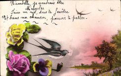 CPA Fantaisie Fleurs Hirondelle