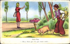 CPA Auto Stop Cochon Porc