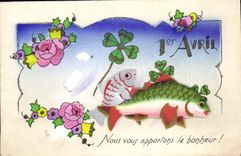 CPA Nous vious appartons le bonheur Poissons 1er avril