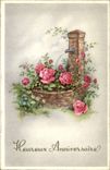 CPA Heureux Anniversaire Fleurs