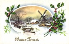 CPA Bonne Annee Moulin a vent