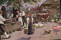 CPA Aus Serie Leben und Treiben im Schwarzwald Am Dorbrunnen Femme Cochons Porc