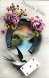 CPA Bonne fete Fleurs Hirondelle Fer a cheval