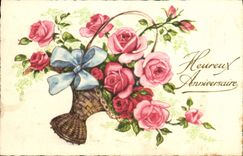 CPA Heureux Anniversaire Fleurs