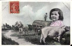 CPA Fantaisie Enfant Chevak Cochon Porc