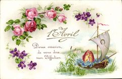 CPA 1er Avril Douce Occasion de vous dire mon Affection Bateau Fleurs