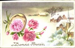 CPA Bonne Annee Fleurs Fer a cheval