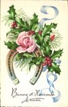 CPA Bonne et Heureux Annee Fleurs Fer a cheval
