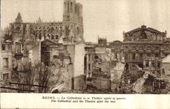 CPA Reims La Cathedrale et le Theatre apres la guerre 