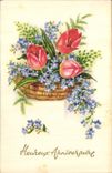 CPA Heureux Anniversaire Fleurs