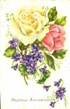 CPA Heureux Anniversaire Fleurs