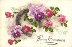 CPA Heureux Anniversaire Fleurs Fer a cheval
