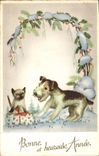 CPA Bonne et heureuses Annee Chien Chat