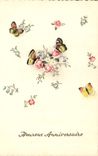 CPA Heureux Anniversaire Fleurs Papillons