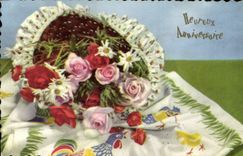 CPA Heureux Anniversaire Fleurs