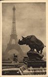CPA Paris La Tour Eiffel vue des Jardins du Trocadero Rhinoceros 