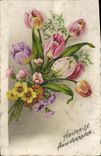 CPA Heureux Anniversaire fleurs