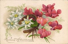 CPA Heureux Anniversaire Fleurs Fer a cheval
