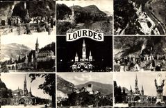 CPA Lourdes la Grotte la Basilique vue generale la Gave vue aerienne le Chateau Fort 