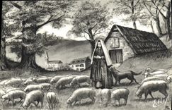 CPA Lourdes a Bartres Bernadette fut bergere la voici pres de sa bergerie au fond la maison Lagues o