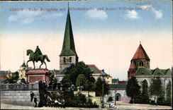 CPA Essen Rhr Burgplatz mit Munsterkirche und kaiser Wilhelm Denkmal 