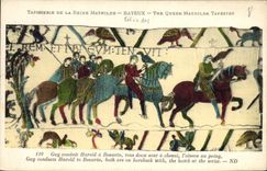 CPA Tapisserie de la Reine Mathilde Bayeux Guy conduit Harold a Beaurin tous deux sont a cheval l'oi