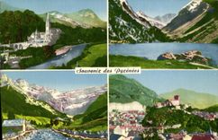 CPA Souvenir de Lourdes La Basilique vue du Chateau Fort La Basilique et le Gave La Vierge de la Gro