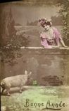 CPA Bonne Annee Femme  cochon Porc