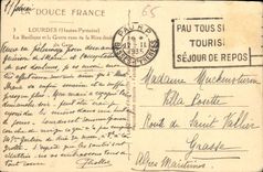 CPA Lourdes Hautes Pyrenees La Basilique et la Grotte vues de la Rive Driote du Gave 