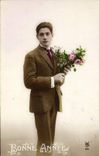 CPA Bonne Annee Homme Fleurs
