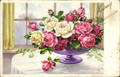 CPA Heureux Anniversaire Fleurs