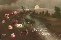 CPA Heureuses Paques Fleurs Papillon