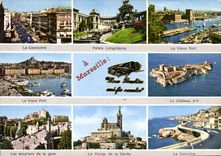 CPM Marseille B du R la Canebiere Palais Longchamp le Vieux Port le Chateau d'If les escaliers de la