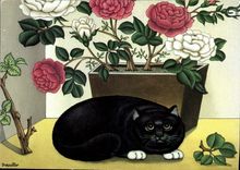 CPM Andre Duranton Chat aux roses rouges et blanches 1987 Galerie Naivart Chat chaton