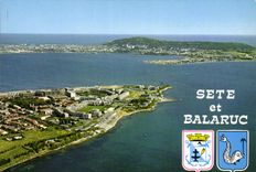 CPM Les Deux Presqu'Iles du Bassin de Thau Balaruc les Bains en premier plan Sete et le Mont Saint C