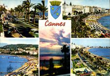 CPA La Cote d'Azur Cannes le Croisette les Palaces de la Croisette la plage et le Suquet Coucher de 