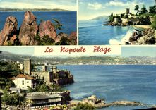 CPA La Cote d'Azur Les Pendos au lion Cannes le Chateau la plage et le Chateau 