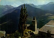 CPM La Cerdagne Francaise Le Clocher de Sauto au fond la Chaine des Pyrenees 