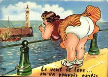 CPM Color Plage je sens le Vent qui se leve on va bientot pouvoir partir Phare